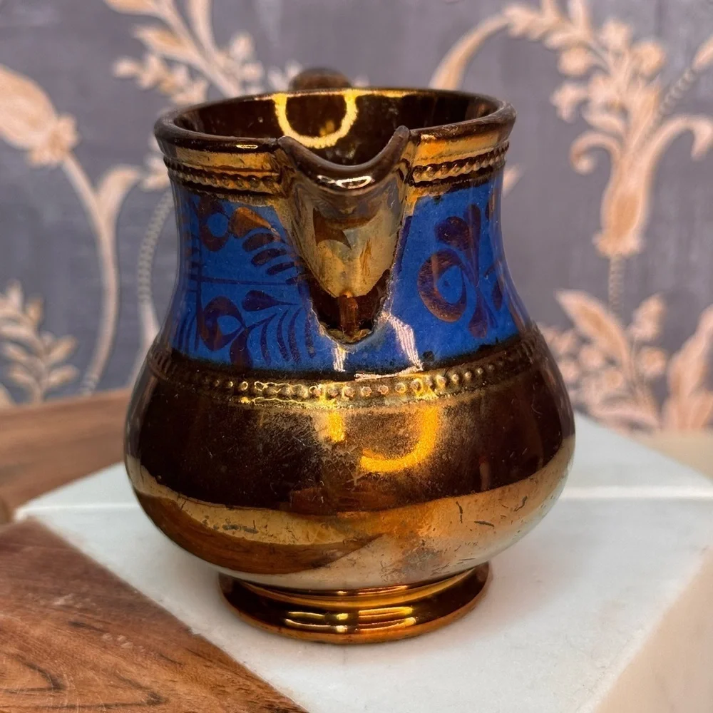 Antique 19th Century English Copper Luster Blue Floral Band Creamer Lot B
